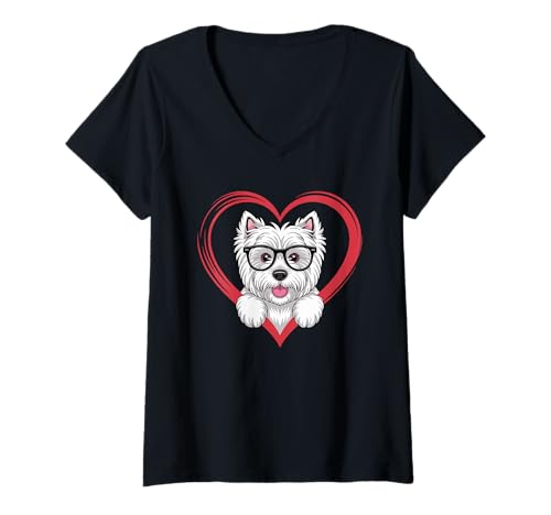 Damen Heart West Highland White Terrier Glasses Westie T-Shirt mit V-Ausschnitt Damen Heart West Highland White Terrier Glasses Westie T-Shirt mit V-Ausschnitt von West Highland White Terrier Lover Gifts