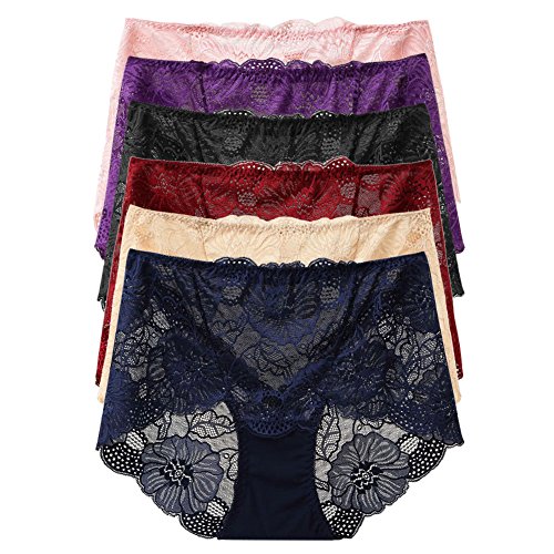 West See Damen 6 pcs Unterwäsche Set Vintage Lace Strings Dessous Blumen Pants Hipster Spitze Durchsichtig Hoch Bund Unterhosen 6er Pack von West See