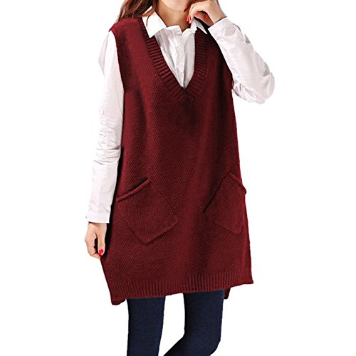 West See Damen Pullunder V-Ausschnitt Sweater Vest für Freizeit Strickweste ohne Ärmel Strickjacke (One Size, Rot) von West See