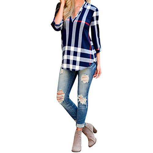 West See Damen V-Ausschnitt 3/4 Ärmel Loose Print Hemden Bluse T-Shirt Oberteile Tops Langarmshirts (EU 42(Etikettgröße 3XL), Blau) von West See