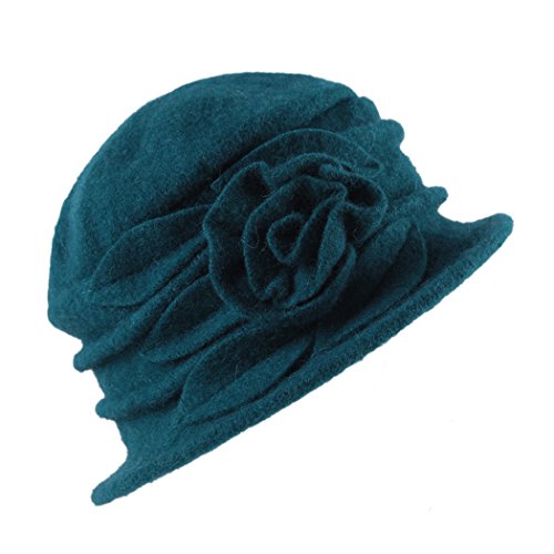 West See Damen Vintage Wolle Cloche Bucket Hut Beret Topfhut mit Blumendetail Wintermütze (blau) von West See