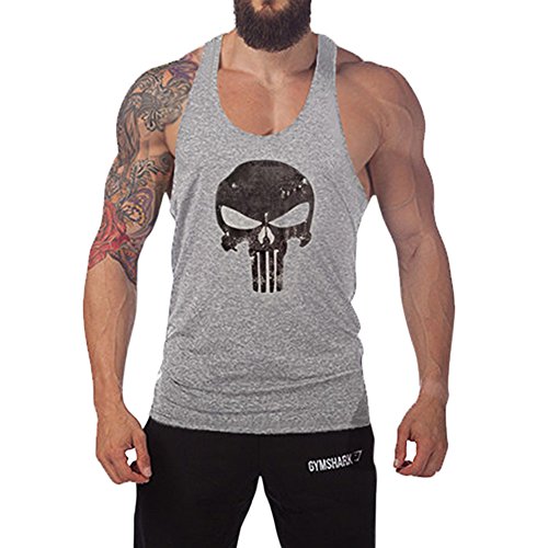 West See Herr Mann Tops Tank Tankshirt Vintage Skull Totenkopf T-Shirt Weste Muscleshirt Print (EU L, Grau) von West See