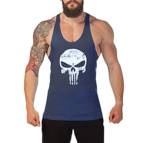 West See Herr Mann Tops Tank Tankshirt Vintage Skull Totenkopf T-Shirt Weste Muscleshirt Print (EU XL, Dunkelblau) von West See