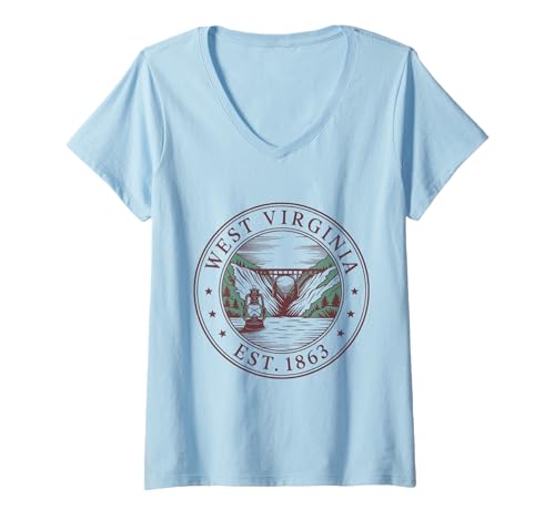 Damen West-Virginia-Hemd im Retro-Stil von 1863, River Gorge Bridge T-Shirt mit V-Ausschnitt von West Virginia Retro State 1863 Tee Shirts Gorge