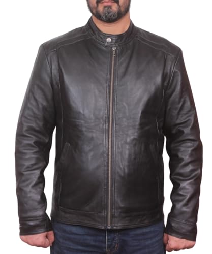 West clever Men's Basic Real Leather Jacket in Various Designs Antique Brass Zipper on Front Black Large von West clever