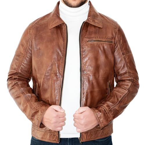 West clever Men's Basic Real Leather Jacket in Various Designs Antique Brass Zipper on Front Brown Large von West clever