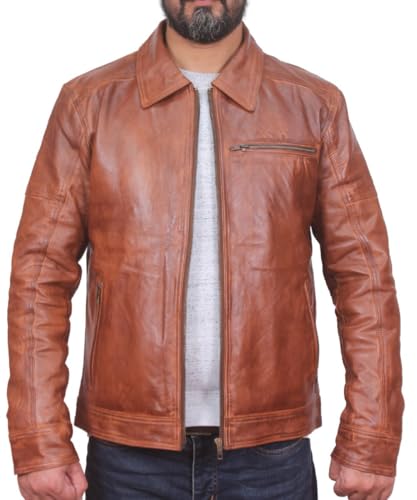 West clever Men's Basic Real Leather Jacket in Various Designs Antique Brass Zipper on Front Brown Large von West clever