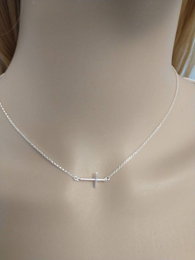 925 Solid Sterling Silber Seitlich Kreuz Halskette - Zierliche Minimalist Schmuck Religiöses Christliches Geschenk von West9th