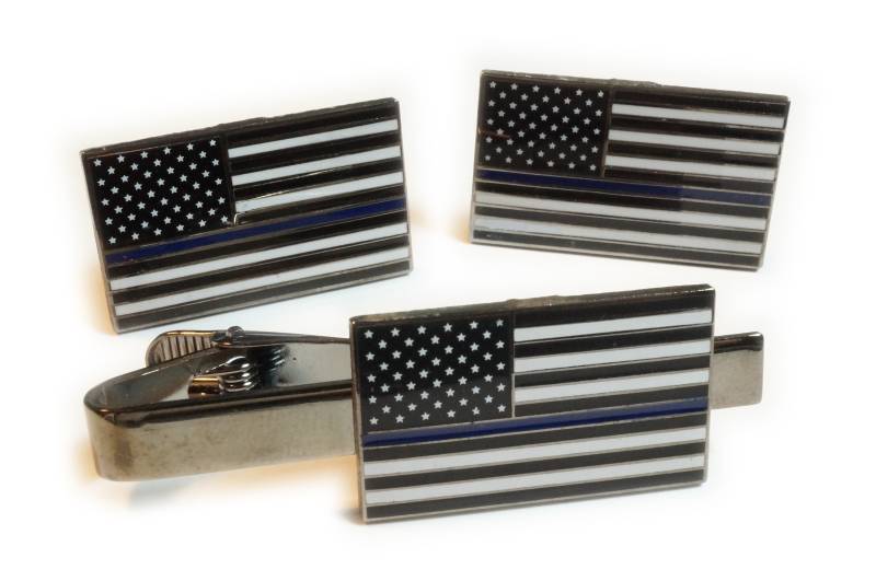 Dünne Blue Line Fallen Police Officer Usa Flagge Krawattenleiste Clip & Manschettenknöpfe Set von WestCoastPins