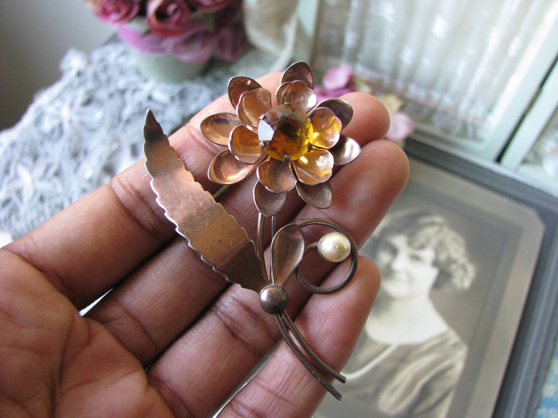 Vintage Sterling Blumen Pin, Strass Gold Über Brosche, Brosche Vintage Sterling Blumen Pin, Strass Gold Über Brosche, Brosche von WestEndMarket