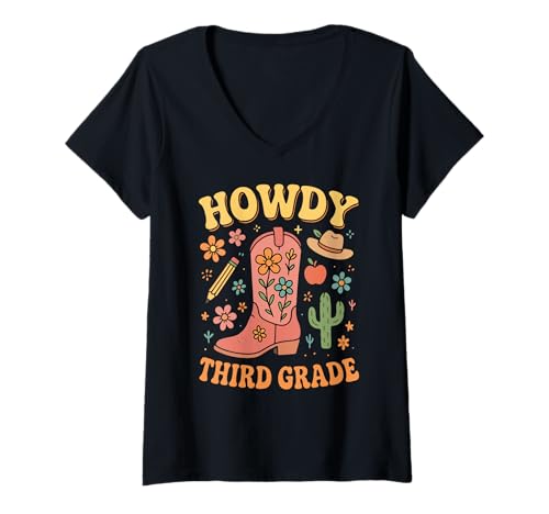 Damen Hallo, dritte Klasse, zurück zur Schule, Western Cowgirl Teacher, Spaß T-Shirt mit V-Ausschnitt Damen Hallo, dritte Klasse, zurück zur Schule, Western Cowgirl Teacher, Spaß T-Shirt mit V-Ausschnitt von Western Back To School Apparel
