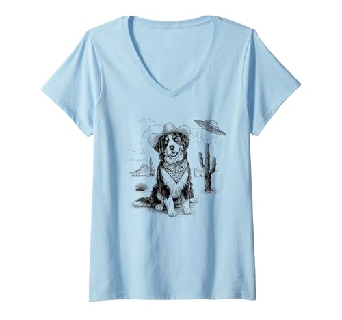Damen Funny UFO Bernese Mountain Dog Alien Vintage 90s Wild West T-Shirt mit V-Ausschnitt Damen Funny UFO Bernese Mountain Dog Alien Vintage 90s Wild West T-Shirt mit V-Ausschnitt von Western Boho Cowgirl Cowboy Core Gifts & TShirts