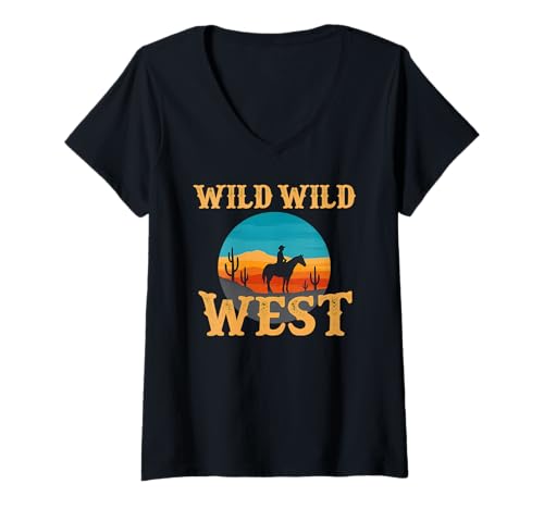 Damen Wild West Cowboy Silhouette Saguaro Kaktus Sonnenuntergang T-Shirt mit V-Ausschnitt Damen Wild West Cowboy Silhouette Saguaro Kaktus Sonnenuntergang T-Shirt mit V-Ausschnitt von Western Country Design Wild West Riding Cowboy