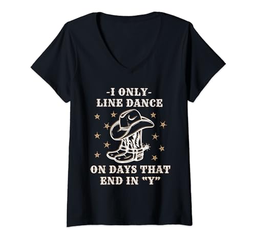 Damen Line Dancing Cowboy Western Country Fan Funny Line Dance T-Shirt mit V-Ausschnitt von Western Country Line Dance Tees