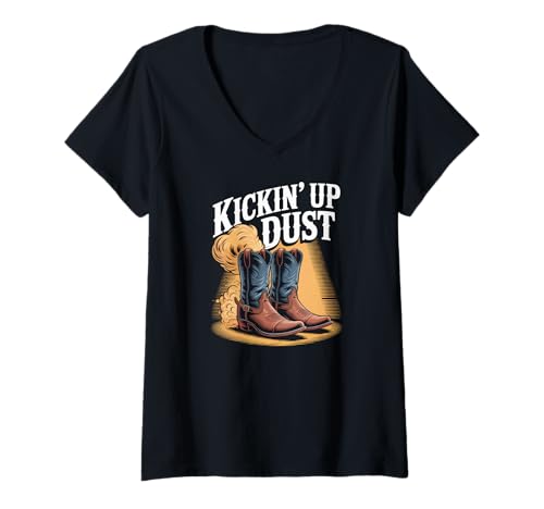 Damen Kickin' Up Dust Cowboystiefel Grafik T-Shirt mit V-Ausschnitt Damen Kickin' Up Dust Cowboystiefel Grafik T-Shirt mit V-Ausschnitt von Western Cowboy Boots Dust Adventure Style
