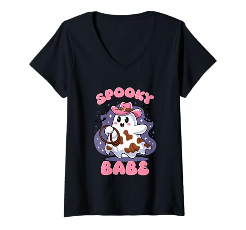 Damen Gruseliges Babe Ghost Cowboy skurriles Thema T-Shirt mit V-Ausschnitt Damen Gruseliges Babe Ghost Cowboy skurriles Thema T-Shirt mit V-Ausschnitt von Western Cowboy Ghost Halloween Fun