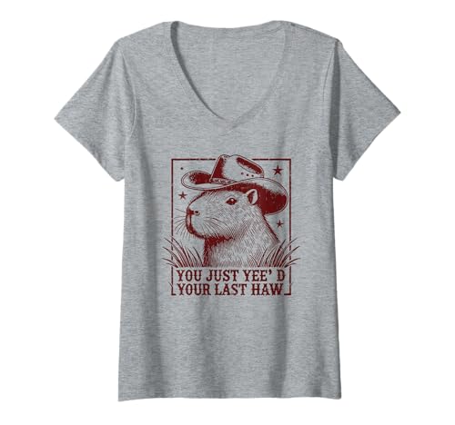 Damen Funny Cowboy Capybara You Just Yee'd Your Last Haw Western T-Shirt mit V-Ausschnitt Damen Funny Cowboy Capybara You Just Yee'd Your Last Haw Western T-Shirt mit V-Ausschnitt von Western Cowboy Humor Capybara Animal Funny Shirts