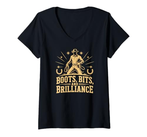 Damen Western-Cowboy-Stiefel von Bits and Brilliance T-Shirt mit V-Ausschnitt Damen Western-Cowboy-Stiefel von Bits and Brilliance T-Shirt mit V-Ausschnitt von Western Cowboy Roping Ranch Rodeo Horseback Rider