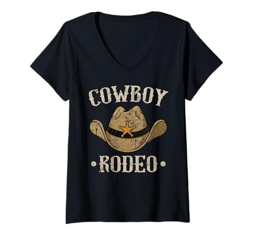 Damen Cowboy Rodeo Cowboyhut Southern Country Wild West Stiefel T-Shirt mit V-Ausschnitt von Western Cowboy Texas Rodeo Riding Horses Men Boys