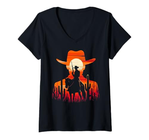 Damen Cowboy Texas Rodeo Bull Western Cowboyhut Wild West T-Shirt mit V-Ausschnitt von Western Cowboy Texas Rodeo Riding Horses Men Boys