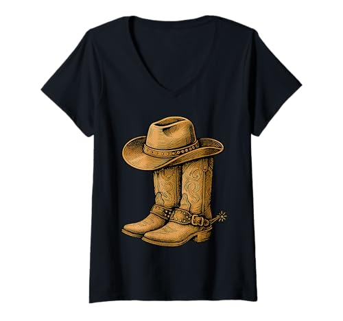 Damen Cowboystiefel Texas Western Southern Country Wild West Rodeo T-Shirt mit V-Ausschnitt Damen Cowboystiefel Texas Western Southern Country Wild West Rodeo T-Shirt mit V-Ausschnitt von Western Cowboy Texas Rodeo Riding Horses Men Boys