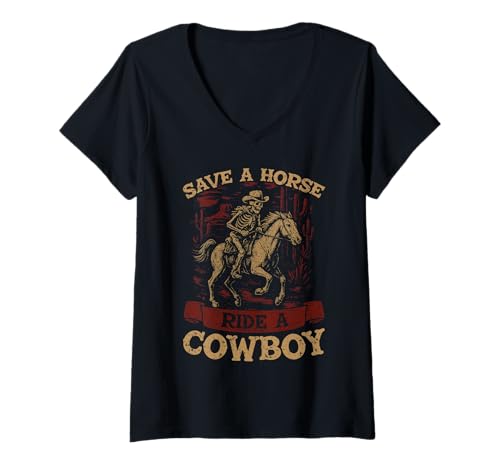 Damen Speichern Sie einen Pferderitt EIN Cowboy Rodeo Bull Western Howdy Cowboy T-Shirt mit V-Ausschnitt Damen Speichern Sie einen Pferderitt EIN Cowboy Rodeo Bull Western Howdy Cowboy T-Shirt mit V-Ausschnitt von Western Cowboy Texas Rodeo Riding Horses Men Boys