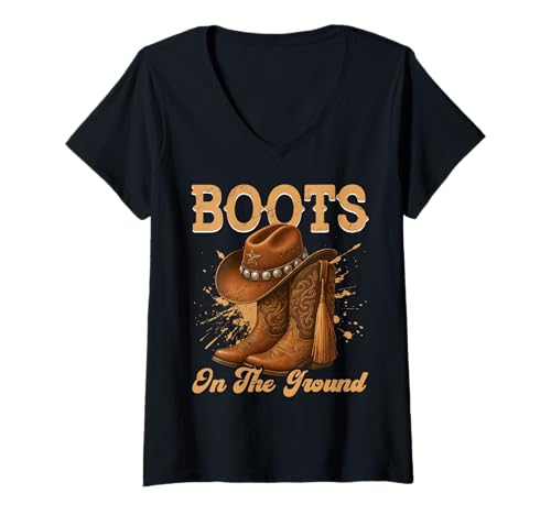 Damen Stiefel auf dem Boden Cowboystiefel Rodeo Western Cowgirl T-Shirt mit V-Ausschnitt Damen Stiefel auf dem Boden Cowboystiefel Rodeo Western Cowgirl T-Shirt mit V-Ausschnitt von Western Cowboy Texas Rodeo Riding Horses Men Boys