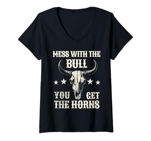 Damen Mess with The Bull You Get The Horns T-Shirt mit V-Ausschnitt Damen Mess with The Bull You Get The Horns T-Shirt mit V-Ausschnitt von Western Cowboy Wear