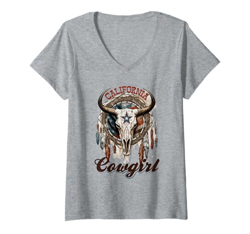 Damen Kalifornisches Cowgirl, Rodeo, Western Country, Langhornschädel T-Shirt mit V-Ausschnitt Damen Kalifornisches Cowgirl, Rodeo, Western Country, Langhornschädel T-Shirt mit V-Ausschnitt von Western Cowgirl Clothes For Women & Country Girls