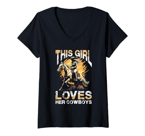 Damen Dieses Mädchen liebt Ihr Cowboys-Rodeo-Abenteuer T-Shirt mit V-Ausschnitt von Western Cowgirl Cowboy Rodeo Style