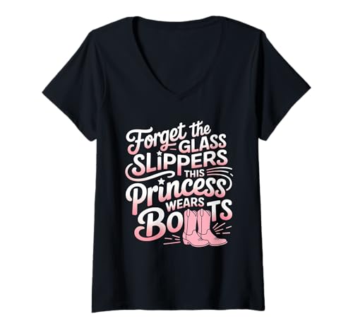Damen Prinzessin Cowgirl Stiefel Horse Lover Line Dancing Rodeo T-Shirt mit V-Ausschnitt Damen Prinzessin Cowgirl Stiefel Horse Lover Line Dancing Rodeo T-Shirt mit V-Ausschnitt von Western Cowgirl Princess Vibes Boots Over Slippers