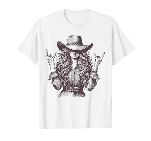 Rock And Roll Cowgirl-Shirt mit Western-Rodeo-Grafik für Mädchen, Damen T-Shirt Rock And Roll Cowgirl-Shirt mit Western-Rodeo-Grafik für Mädchen, Damen T-Shirt von Western Cowgirl with Rock Hand Sign