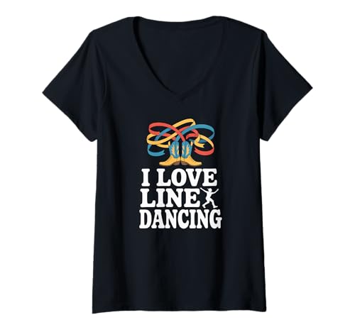 Damen I Love Line Tanzstiefelband Fun T-Shirt mit V-Ausschnitt Damen I Love Line Tanzstiefelband Fun T-Shirt mit V-Ausschnitt von Western Dance Enthusiast Cowboy Boot