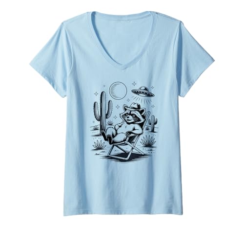 Damen Raccoon Cowboy Entspannen Unter UFO Alien Nacht Wüste Himmel T-Shirt mit V-Ausschnitt von Western Desert Kosmischer Waschbär Chill Space
