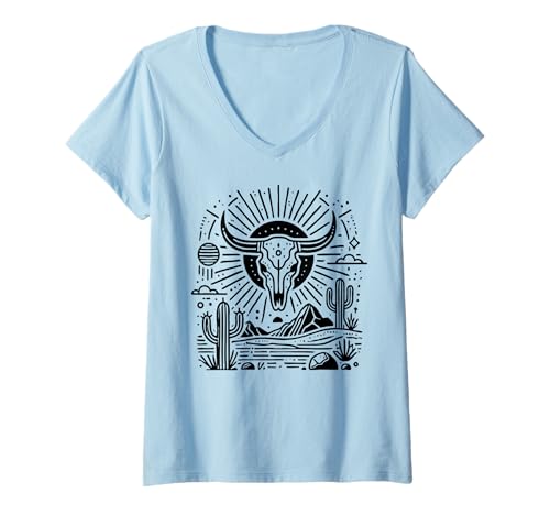 Damen Fun Country Western Desert Skull, Sonne und Kakteen Grafik T-Shirt mit V-Ausschnitt Damen Fun Country Western Desert Skull, Sonne und Kakteen Grafik T-Shirt mit V-Ausschnitt von Western Designs
