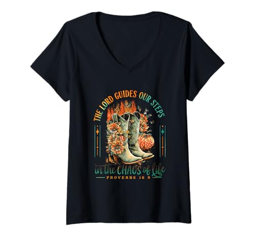 Damen Der Herr lenkt unsere Schritte (Sprichwörter 16, 9) T-Shirt mit V-Ausschnitt von Western Faith Country Proverbs Inspirational