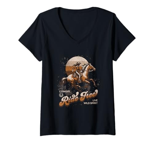 Damen Ride Free Western Vintage Reitmädchen bei Sonnenuntergang T-Shirt mit V-Ausschnitt Damen Ride Free Western Vintage Reitmädchen bei Sonnenuntergang T-Shirt mit V-Ausschnitt von Western Funny Cool Gift - Red Ink