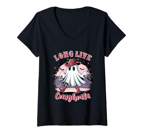 Damen Lang lebe Cowghouls Halloween Vibes T-Shirt mit V-Ausschnitt Damen Lang lebe Cowghouls Halloween Vibes T-Shirt mit V-Ausschnitt von Western Ghost Cowboy Spooky Lovers