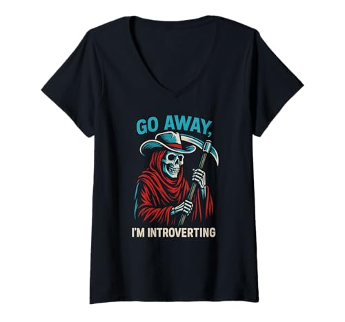 Damen Go Away I'm Introverting Sensenmann Cowboy Skelett Western T-Shirt mit V-Ausschnitt Damen Go Away I'm Introverting Sensenmann Cowboy Skelett Western T-Shirt mit V-Ausschnitt von Western Gothic Skeleton Studios Streetwear