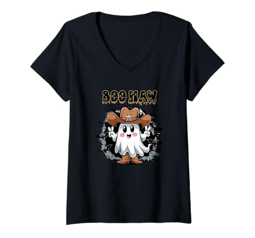 Damen Boo Haw Ghost Süßer Cowboy-Halloween-Spaß T-Shirt mit V-Ausschnitt Damen Boo Haw Ghost Süßer Cowboy-Halloween-Spaß T-Shirt mit V-Ausschnitt von Western Halloween Cowboy Ghost Spirit