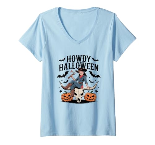 Damen Howdy Halloween Cowgirl Gruselspaß T-Shirt mit V-Ausschnitt Damen Howdy Halloween Cowgirl Gruselspaß T-Shirt mit V-Ausschnitt von Western Halloween Cowboy Vibe Fun
