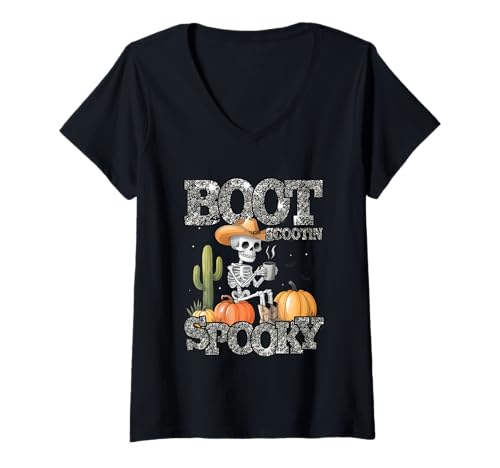 Damen Boot Scootin Gruseliges Skelett Cowboy Halloween T-Shirt mit V-Ausschnitt Damen Boot Scootin Gruseliges Skelett Cowboy Halloween T-Shirt mit V-Ausschnitt von Western Halloween Skeleton Cowboy Fun Style