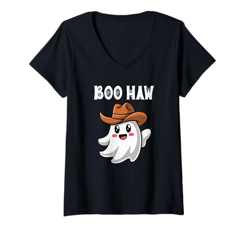 Damen Boo Haw Lustiger Geistercowboy T-Shirt mit V-Ausschnitt Damen Boo Haw Lustiger Geistercowboy T-Shirt mit V-Ausschnitt von Western Halloween