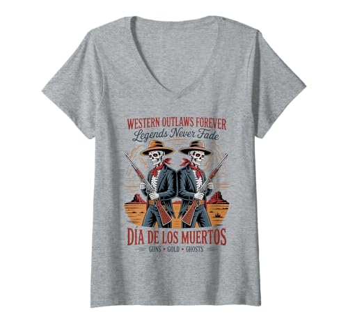 Damen Mexikanischer Vintage-Día de los Muertos T-Shirt mit V-Ausschnitt Damen Mexikanischer Vintage-Día de los Muertos T-Shirt mit V-Ausschnitt von Western Outlaws Forever - Legends Never Fade
