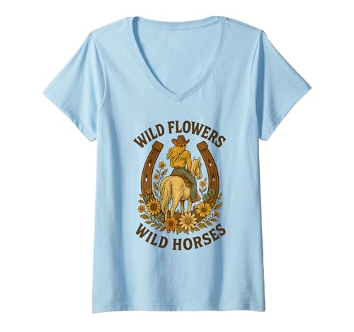 Damen Wild Flowers - Wild Horses Retro Western Cowgirl Reitkunst T-Shirt mit V-Ausschnitt Damen Wild Flowers - Wild Horses Retro Western Cowgirl Reitkunst T-Shirt mit V-Ausschnitt von Western Prairie Vibes