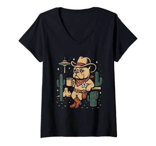 Damen French Bulldog Cowboy mit UFO Lustiges Western Design T-Shirt mit V-Ausschnitt Damen French Bulldog Cowboy mit UFO Lustiges Western Design T-Shirt mit V-Ausschnitt von Western Spirit Designs by Christine-Krahl