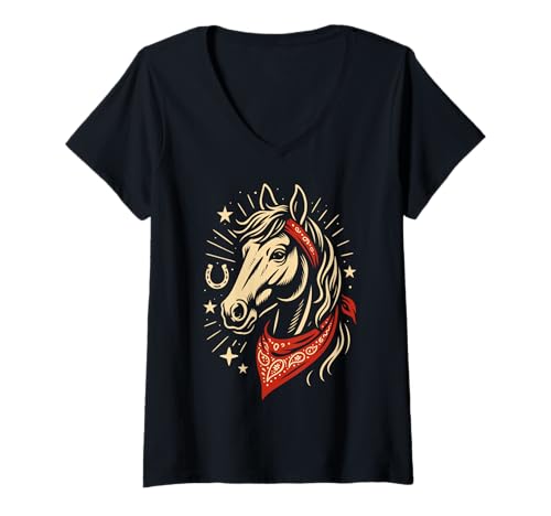 Damen Pferd Bandana rot mit Hufeisen und Sterne Western Vintage T-Shirt mit V-Ausschnitt Damen Pferd Bandana rot mit Hufeisen und Sterne Western Vintage T-Shirt mit V-Ausschnitt von Western Spirit Designs by Christine-Krahl