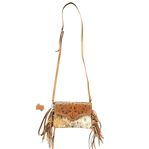 Western Stakes Crossbody Geldbörse - Echtes Rindsleder & Tooled Leder Handtasche mit Fransen - Western Cowgirl Umhängetasche, Braun von Western Stakes