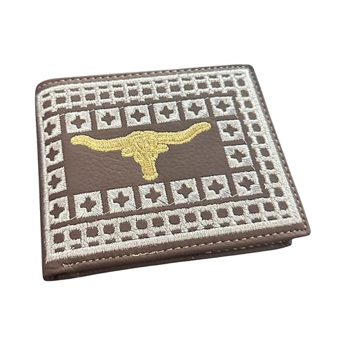 Western Stakes Western Cowboy Rodeo Geldbörse - Bi-Fold Leder Design mit Goldgewinde Longhorn und Silberstichakzenten, Kaffee, Western Wallet von Western Stakes