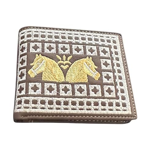 Western Stakes Western Cowboy Rodeo Geldbörse - Bi-Fold Leder mit Goldgewinde Cowboy und zwei Pferden Design, silberfarbene Akzentnähte, Kaffee, Western Wallet von Western Stakes
